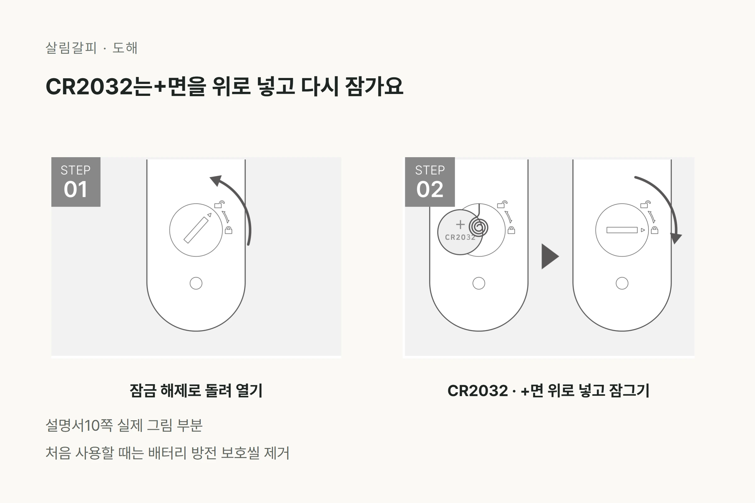 공식 그림의 덮개 잠금 해제와CR2032양극위 삽입뒤 덮개 재잠금