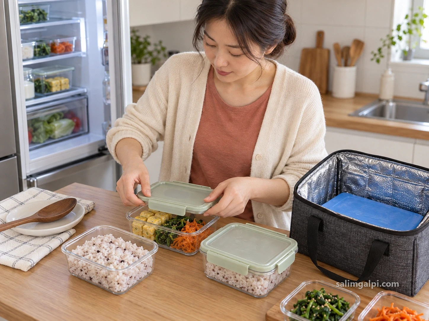 밥과 익힌 반찬을 별도 용기에 담아 뚜껑을 닫는 여성