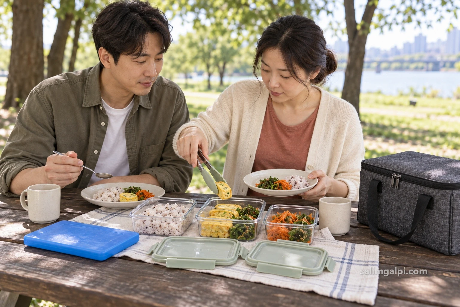 공용 집게로 반찬을 개인 접시에 덜고 있는 두 성인의 공원 식사