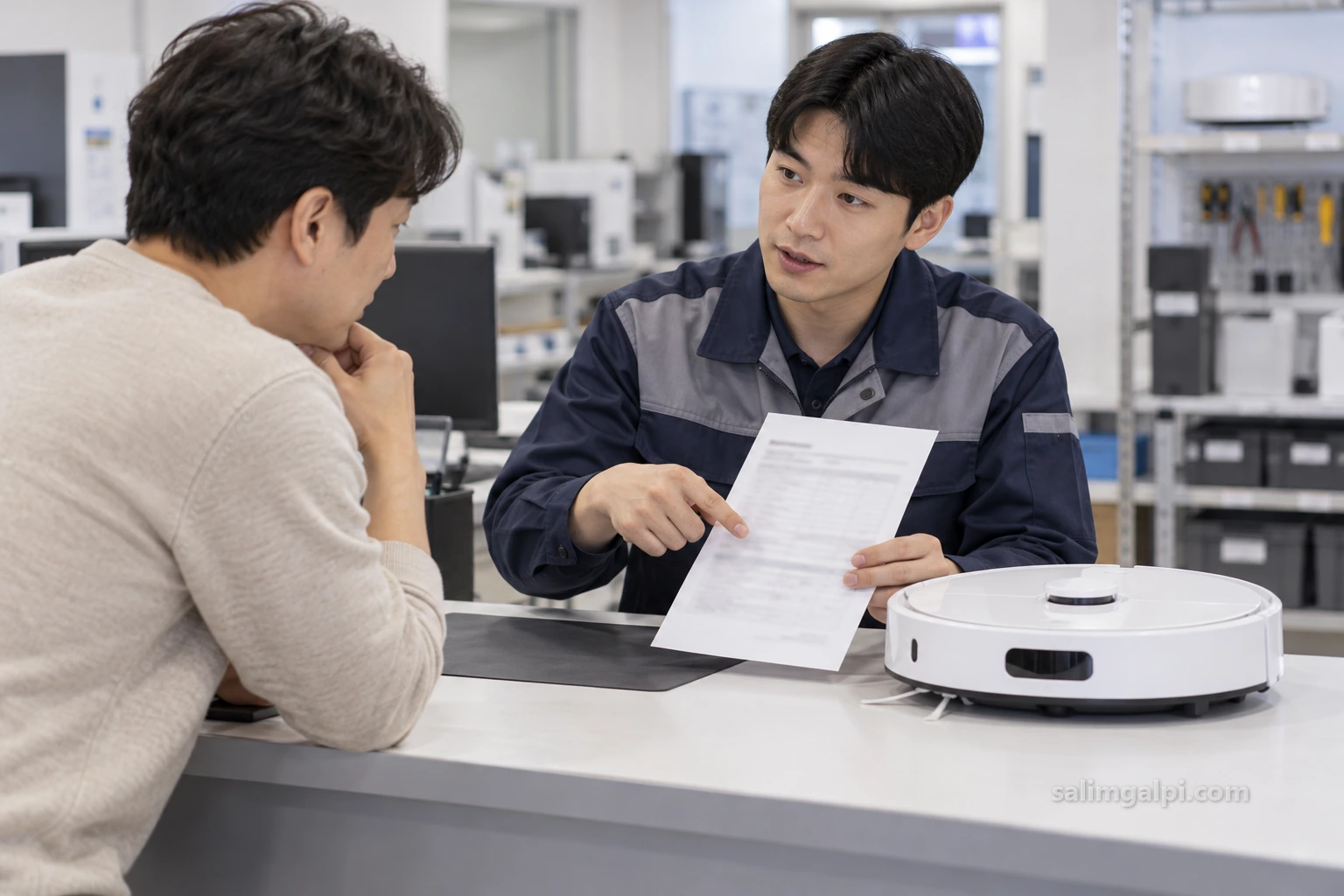작업 내역을 설명받는 수리 상담 장면