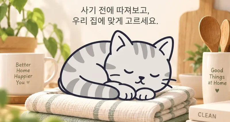 살림갈피 생활제품 구매가이드 — 사기 전에 따져보고, 우리 집에 맞게 고르세요. 수건 위에서 잠든 고양이 갈피